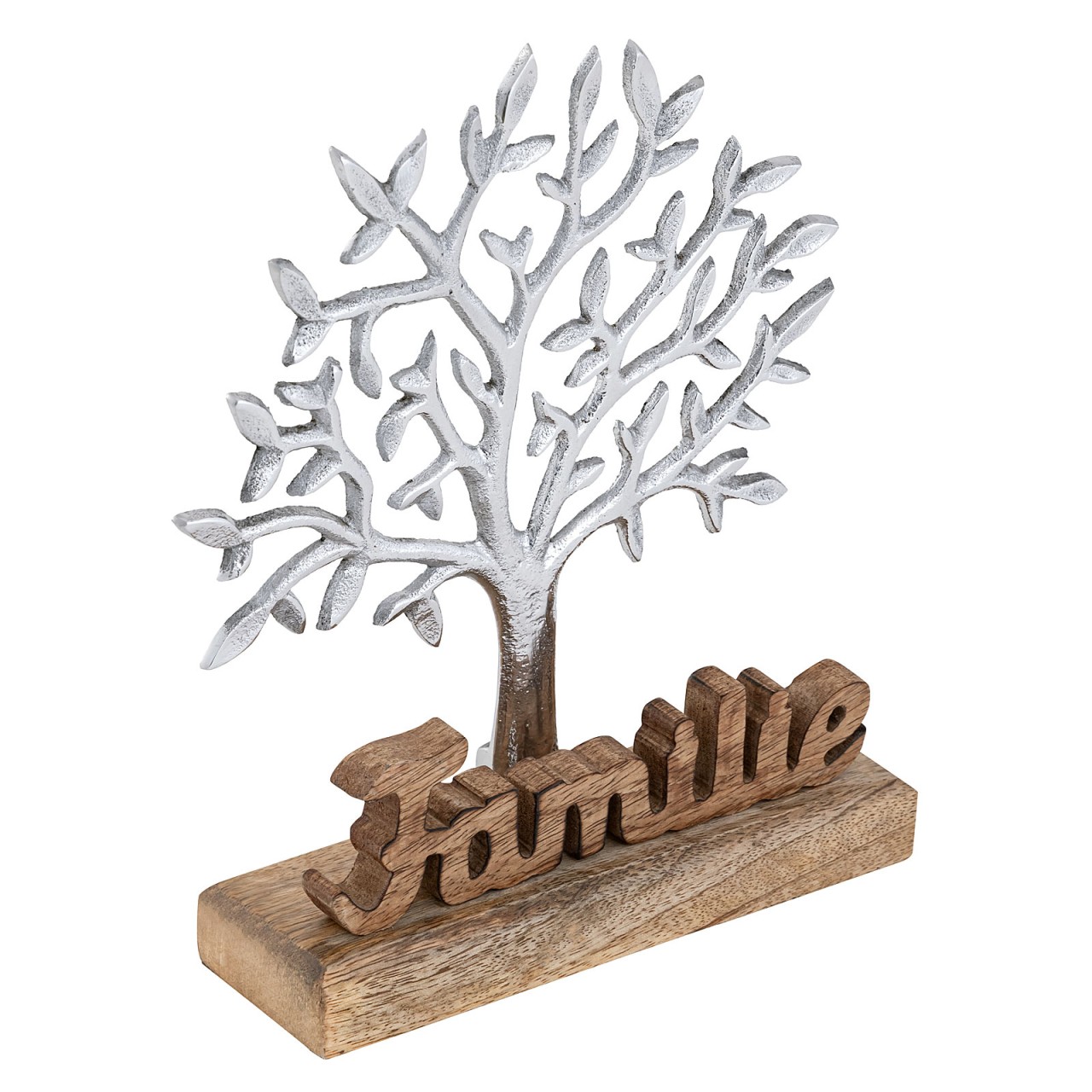 Lebensbaum mit Schriftzug Familie Holzfigur 20x27cm Dekofigur Aluminium Mangoholz