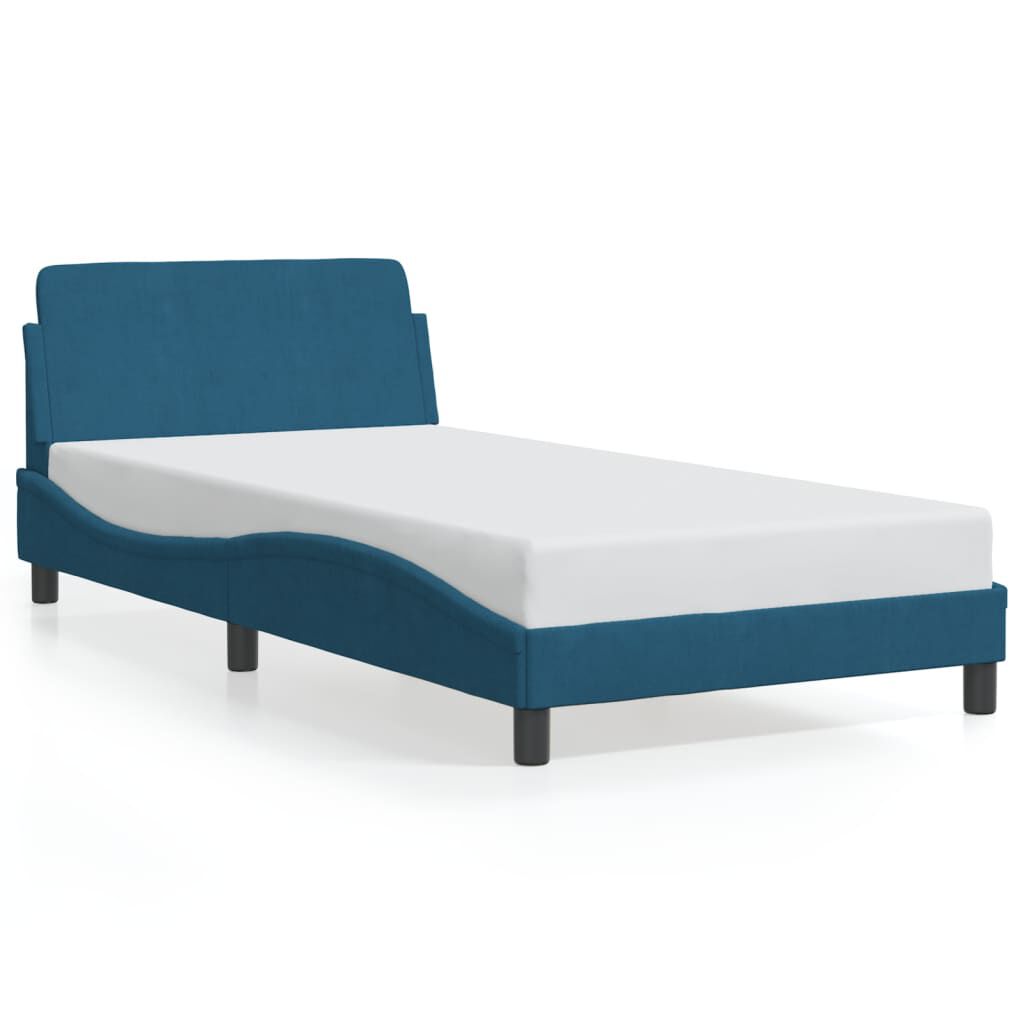 Bettgestell 100x200 cm Blau mit Kopfteil Samtbezug weich bequem gepolstert Bettgestell 100x200 cm Blau mit Kopfteil Samtbezug weich bequem gepolstert