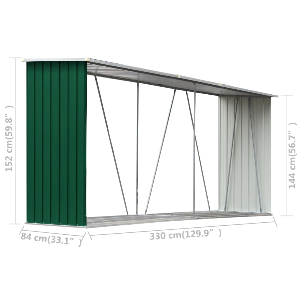 Brennholzlager Grün Verzinkter Stahl 330x84x144/152 cm Holzunterstand