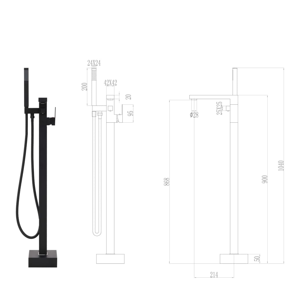 Freistehende Badewannenarmatur Schwarz Edelstahl 90 cm hoch mit 150 cm Handbrause