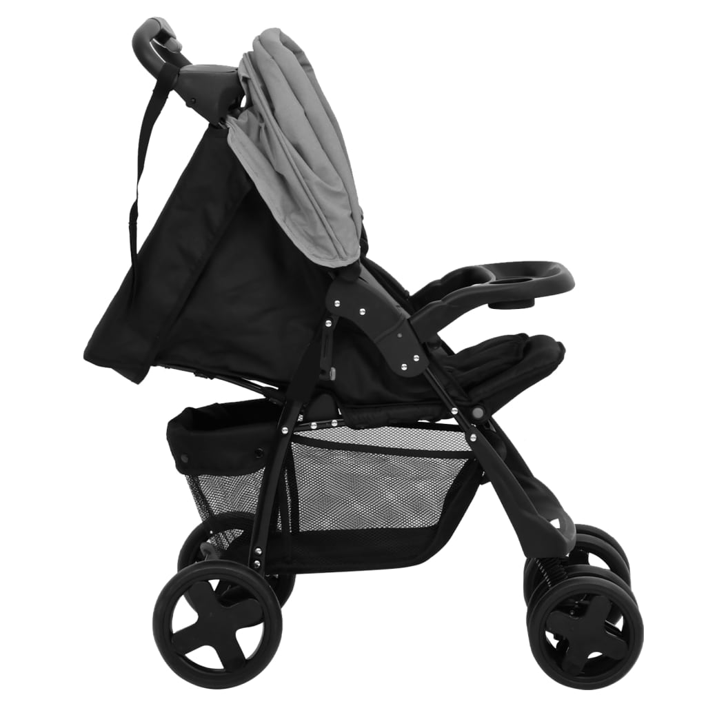 Kinderwagen 2in1 Hellgrau Schwarz Stahl Leinen verstellbar 78,5x49x102 cm