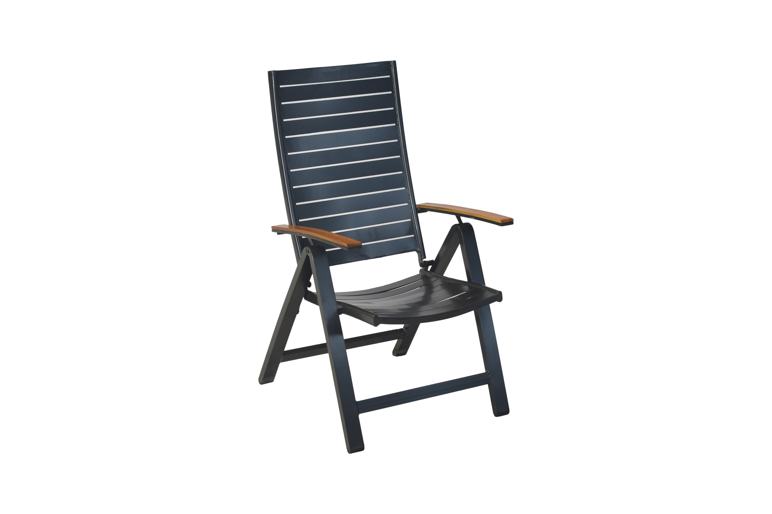 Merxx Astros Gartenmöbel Set für 4 Personen 9 teilig aus Aluminium und FSC Akazienholz mit Tisch 150x90 cm 4 verstellbare Klappsessel mit Akazienholz Armlehnen und graue Kissen