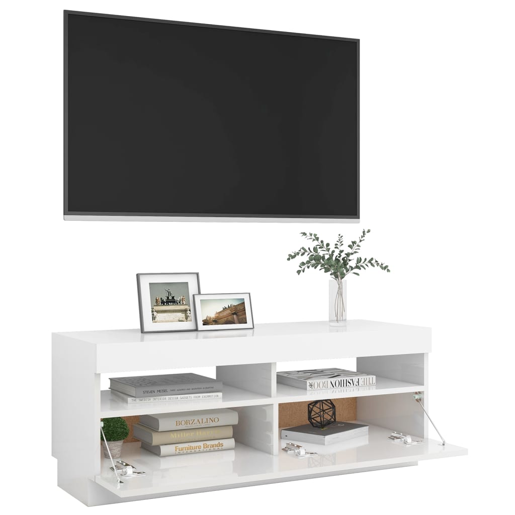 TV Schrank Beleuchtung Hochglanz Weiß 100x35x40 cm LED Holz Modern