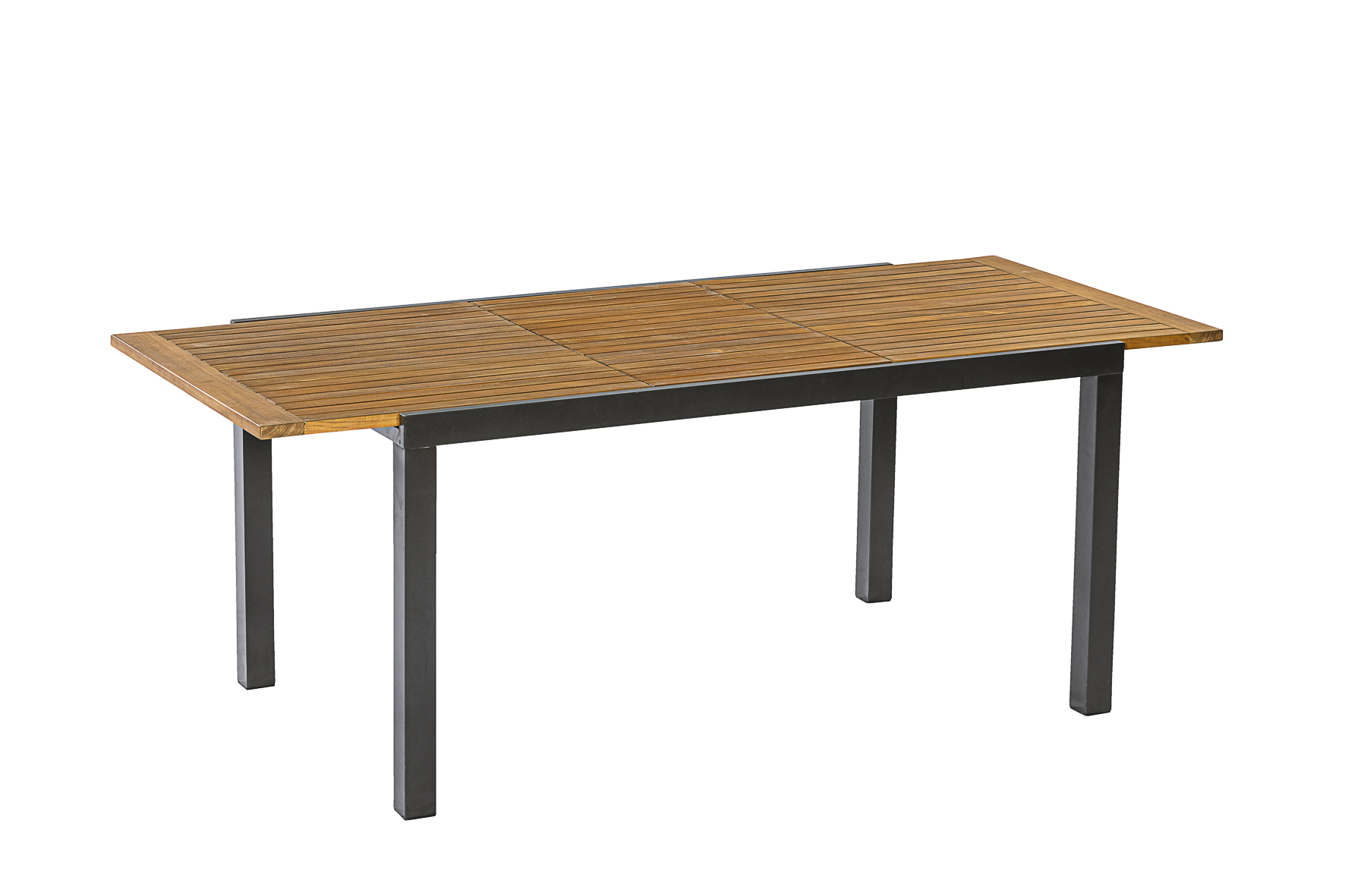 Merxx Tinos Gartenmöbel Set für 6 Personen 13 teilig aus Aluminium und FSC Akazienholz mit Ausziehtisch 180 bis 250 cm 6 verstellbare Klappsessel mit Akazienholz und graue Kissen mit Befestigungsbändchen