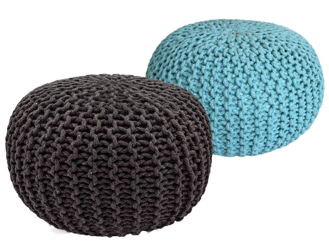 Sitzhocker Pouf SET 2 Stück Ø 55 cm H 37 cm Strickhocker Bodenkissen Grobstrick-Optik nachhaltig Sitzhocker Pouf SET 2 Stück Ø 55 cm H 37 cm Strickhocker Bodenkissen Grobstrick-Optik nachhaltig