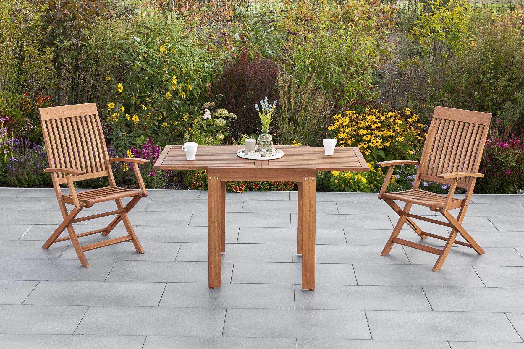Comodoro Gartenmöbel-Set 3-teilig – 2 Klappsessel & Balkonausziehtisch 65–130 cm aus FSC® Eukalyptusholz