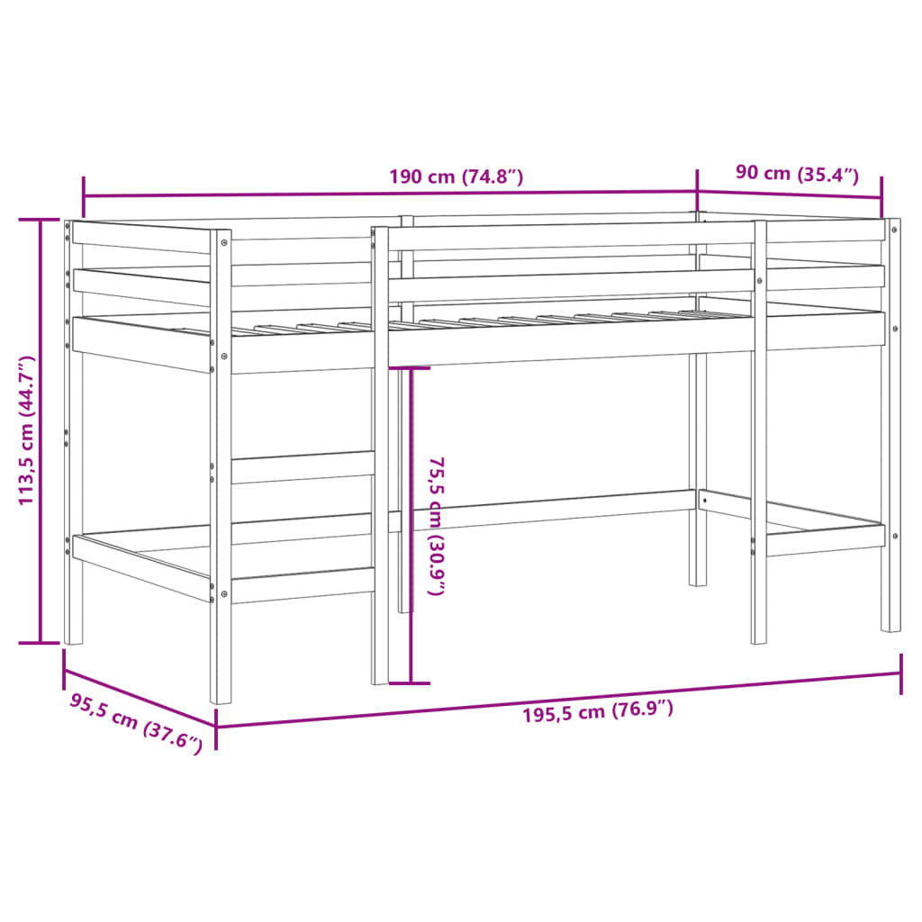 Kinderhochbett mit Leiter Weiß 90x190 cm Massivholz Kiefer robust modern Spielbett