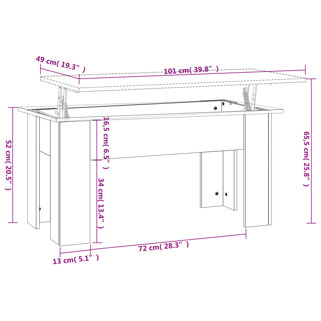 Couchtisch Eichenoptik Höhenverstellbar 101x49x52 cm mit Stauraum