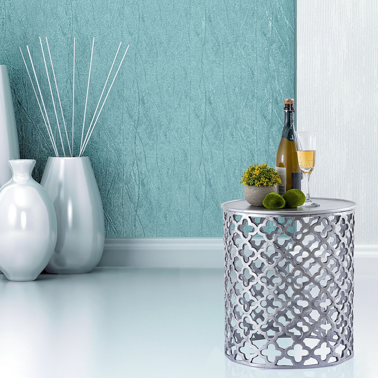 Dekotisch Metall Beistelltisch ø 40 x 45 cm rund Kairo silber o. gold Aluminium Orientalisch Dekotisch Metall Beistelltisch ø 40 x 45 cm rund Kairo silber o. gold Aluminium Orientalisch