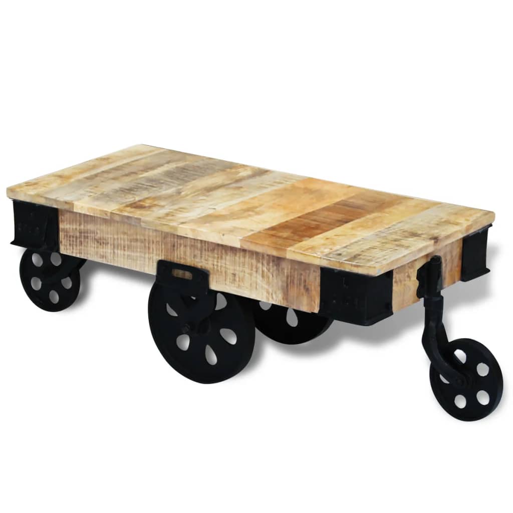 Holz-Couchtisch mit Rollen Massives Mangoholz robustes Design Stabil einzigartig Holz-Couchtisch mit Rollen Massives Mangoholz robustes Design Stabil einzigartig