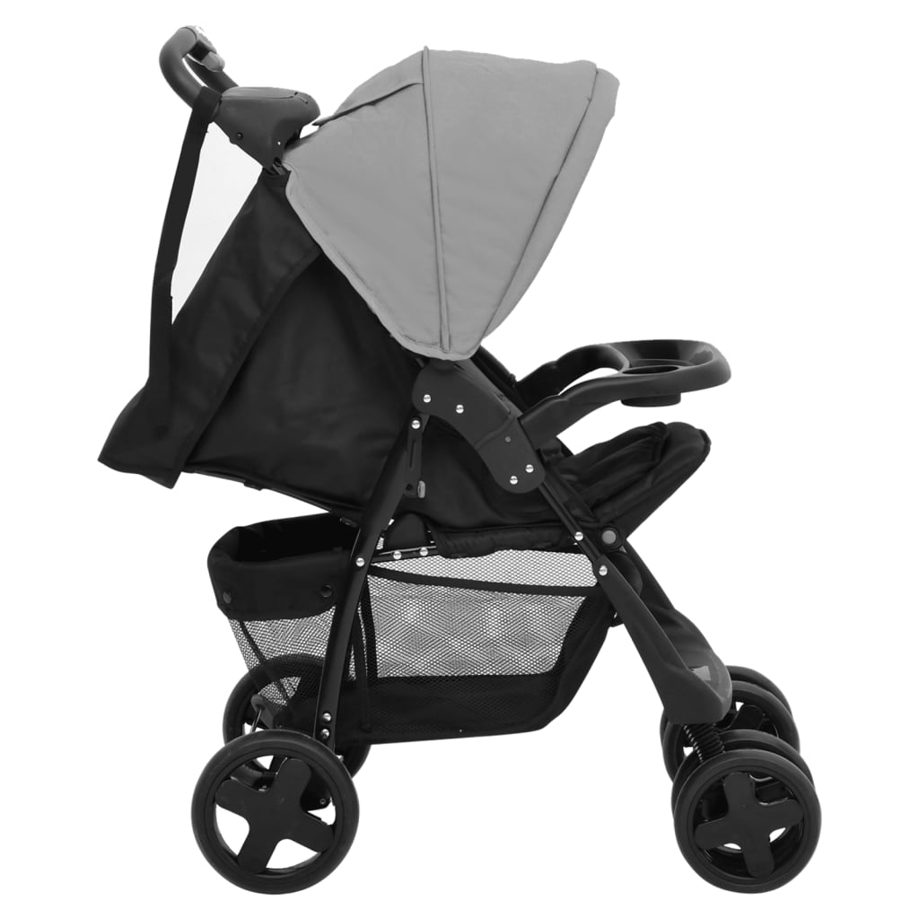 Kinderwagen 2in1 Hellgrau Schwarz Stahl Leinen verstellbar 78,5x49x102 cm