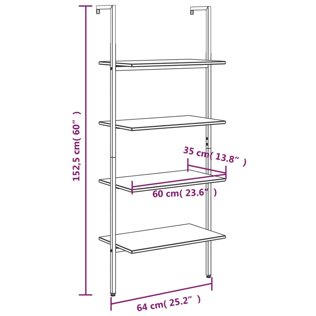 Anlehnregal mit 4 Ablagen Holzwerkstoff Stahl 64x35x152,5 cm Hellbraun Schwarz