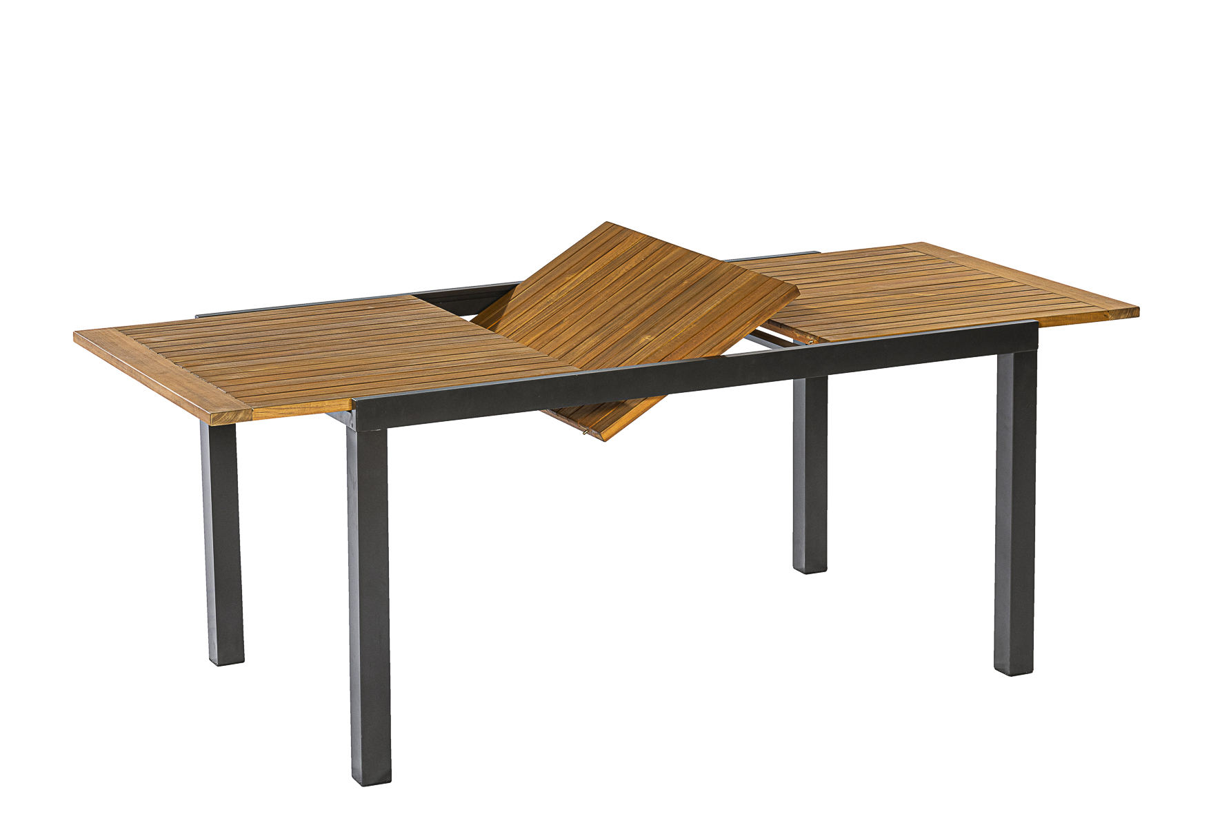 Merxx Tilos Gartenmöbel-Set für 4 Personen – 9-teilig aus Aluminium & FSC® Akazienholz mit Ausziehtisch 150–200 cm, 4 verstellbaren Klappsesseln & grauen Kissen