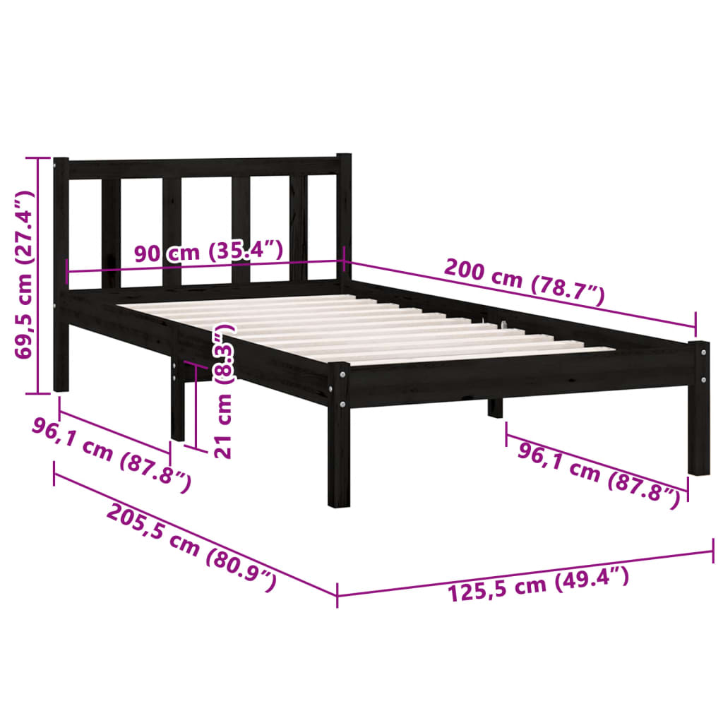 Bettgestell Schwarz Kiefer Massivholz 90x200 cm