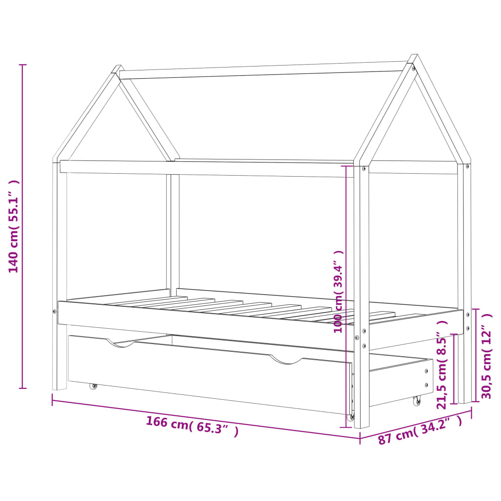 Kinderbettgestell Kiefernholz Weiß 80x160 cm Schublade