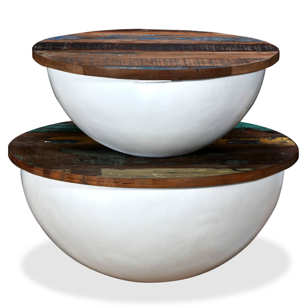 Couchtisch-Set 2-tlg. Weiß – Massives Altholz in Schalenform Stabil modern Couchtisch-Set 2-tlg. Weiß – Massives Altholz in Schalenform Stabil modern