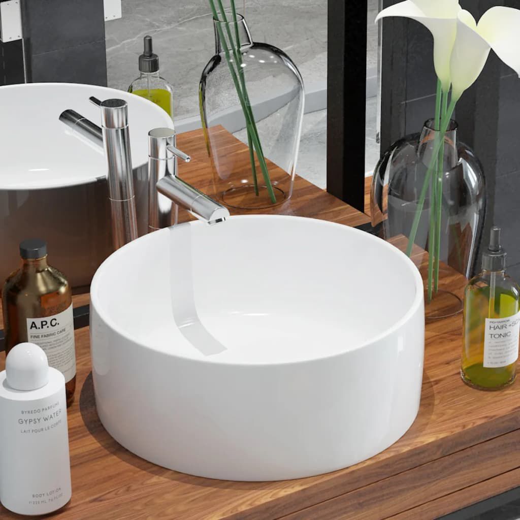 Rundes Waschbecken 40 cm aus Keramik in Weiß modernes Design Gäste-WC und Bad