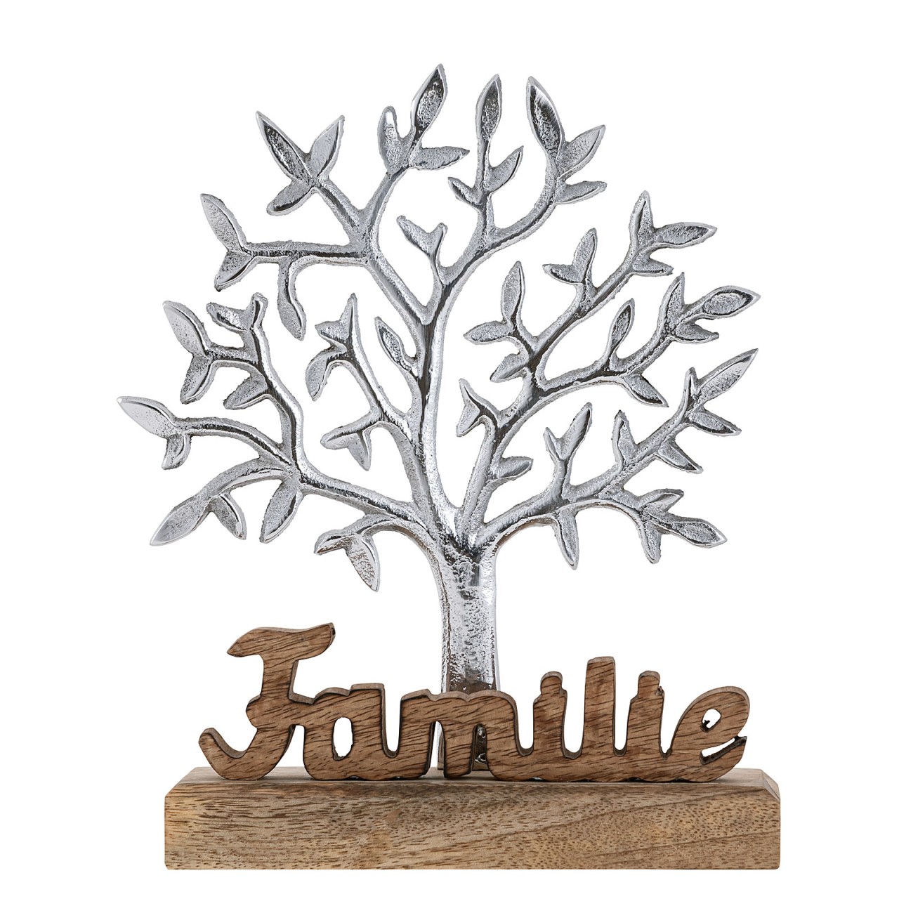Lebensbaum mit Schriftzug Familie Holzfigur 20x27cm Dekofigur Aluminium Mangoholz Lebensbaum mit Schriftzug Familie Holzfigur 20x27cm Dekofigur Aluminium Mangoholz