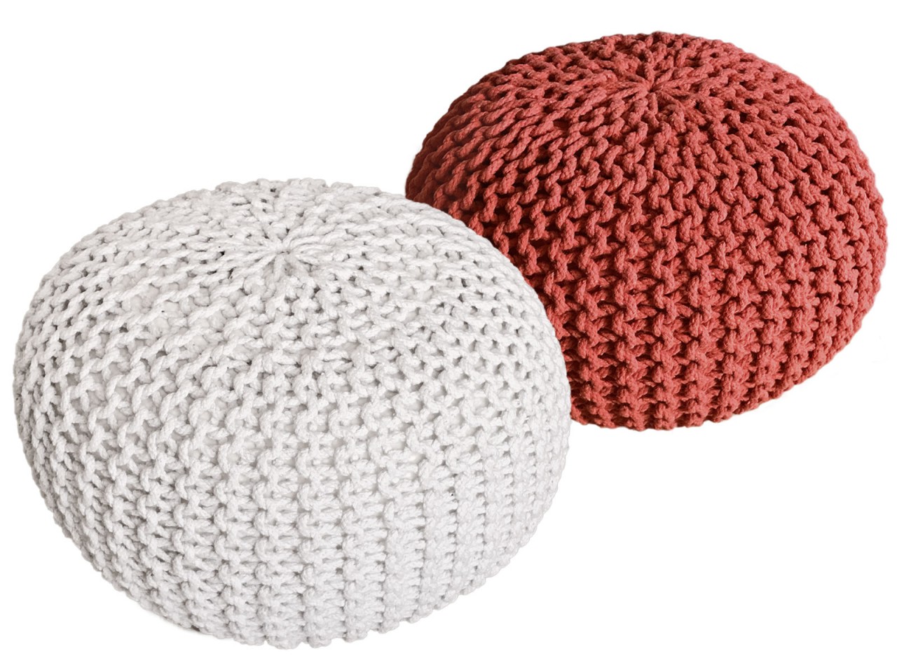 Sitzhocker Pouf SET 2 Stück Ø 55 cm H 37 cm Strickhocker Bodenkissen Grobstrick-Optik nachhaltig