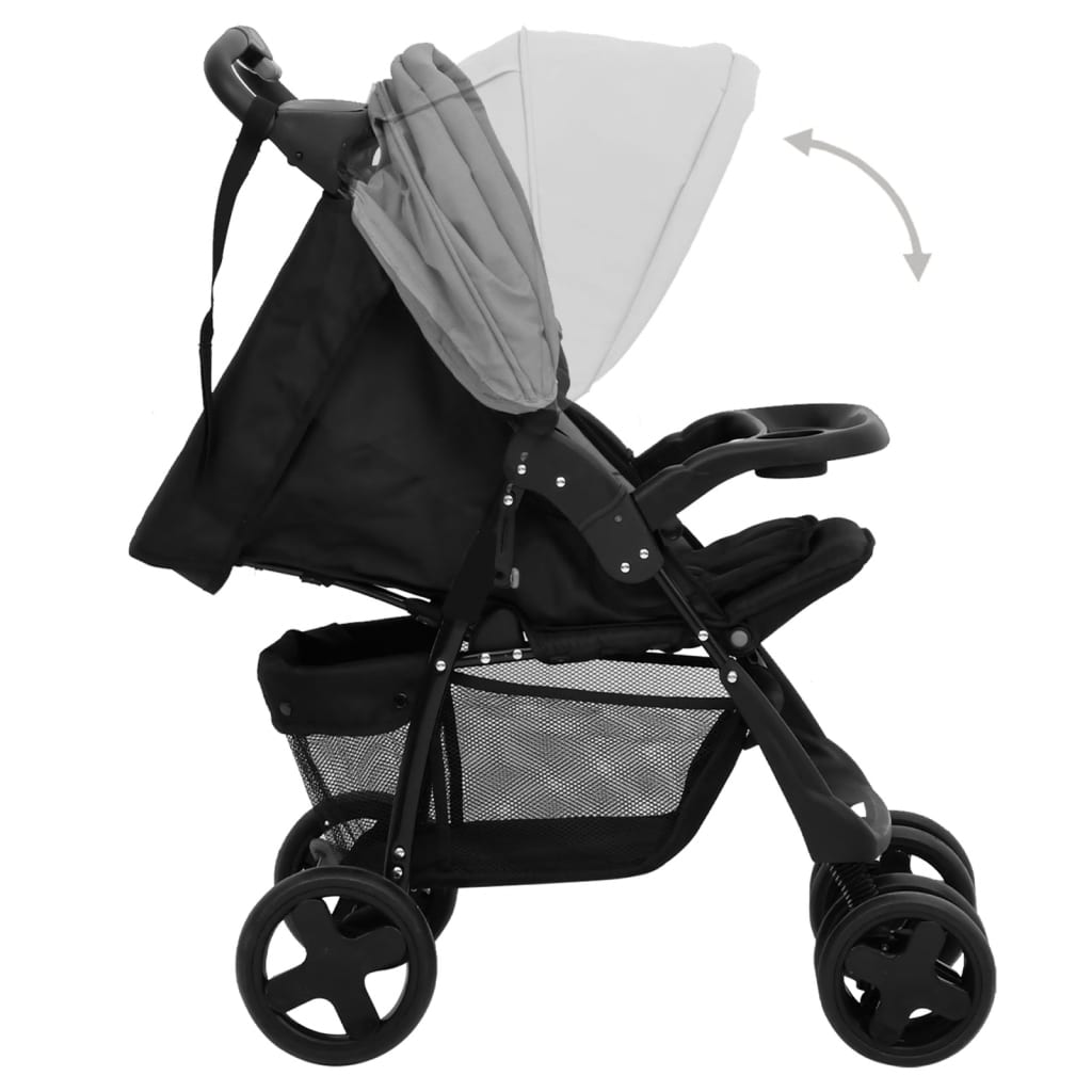 Kinderwagen 2in1 Hellgrau Schwarz Stahl Leinen verstellbar 78,5x49x102 cm