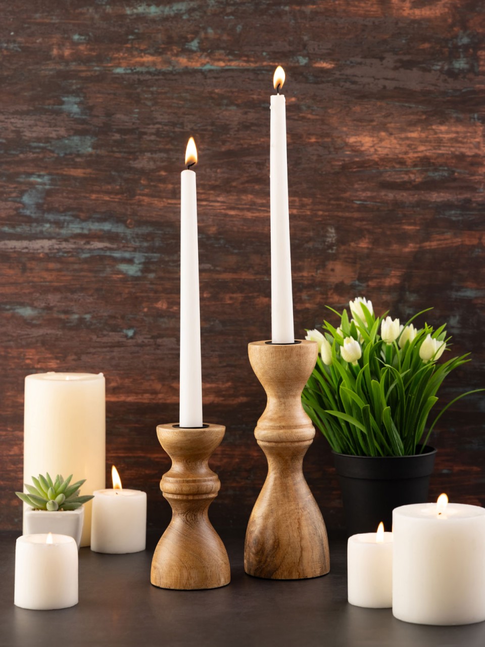 Kerzenständer Masterbox 18x 2er Set Stabkerzen Kerzenhalter H20/13x6cm rund Mangoholz