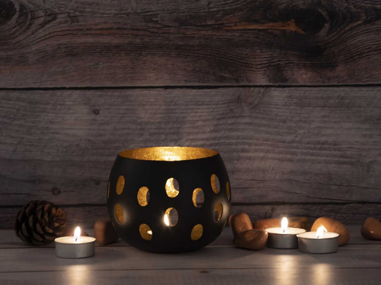 Kerzenhalter Set 2-teilig Teelichthalter Florina Kugelform schwarz matt innen vergoldet