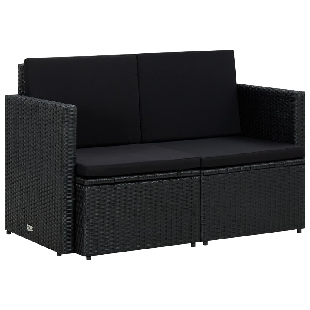 Gartensofa 2 Sitzer mit Kissen Schwarz Poly Rattan Auflagen schwarz Terasse