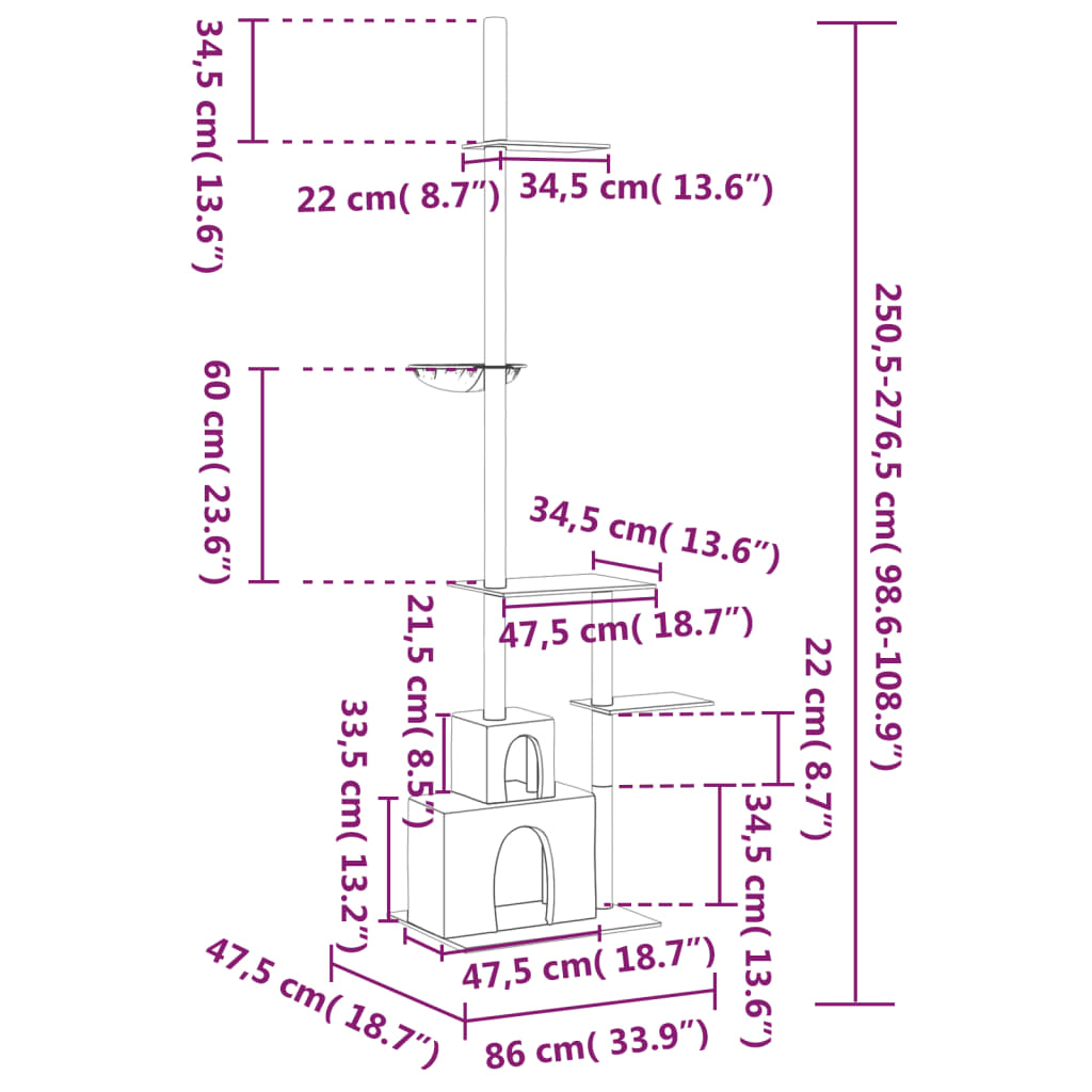 Katzenkratzbaum Höhenverstellbarer mit 2 Höhlen und Liegemulde 86x47,5x250,5-276,5 cm Hellgrau