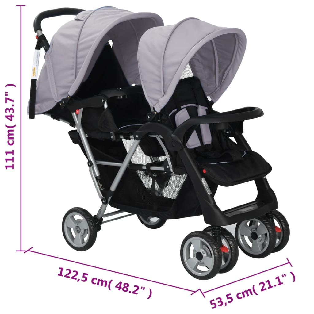 Tandem-Kinderwagen Stahlgrau Schwarz kompakt klappbar für Zwillinge oder Geschwister