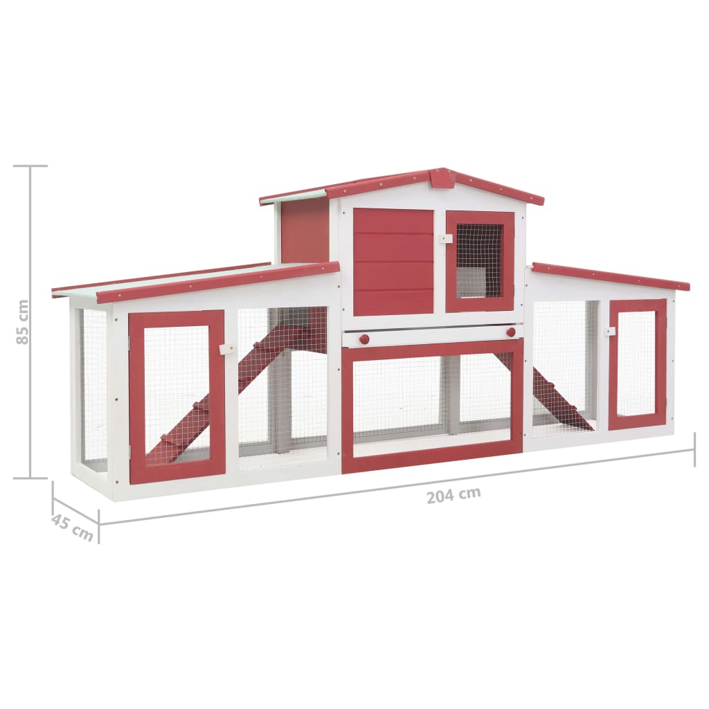 Großer Outdoor Kaninchenstall Holz Rot Weiß 204x45x85 cm