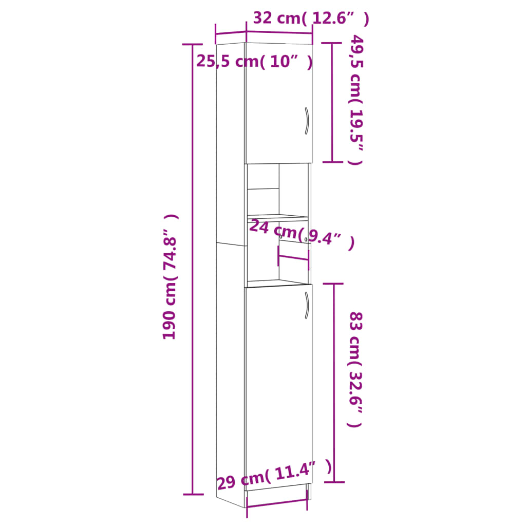 Badschrank Hochschrank Badezimmerschrank Weiß 32x25,5x190cm Schrank Schmal