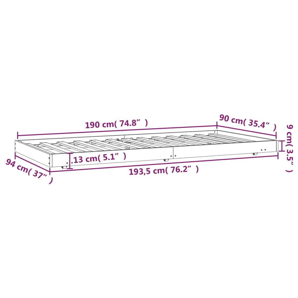 Bettgestell Grau 90x190 cm 3FT Einzelbett Massivholz Kiefer robust modern