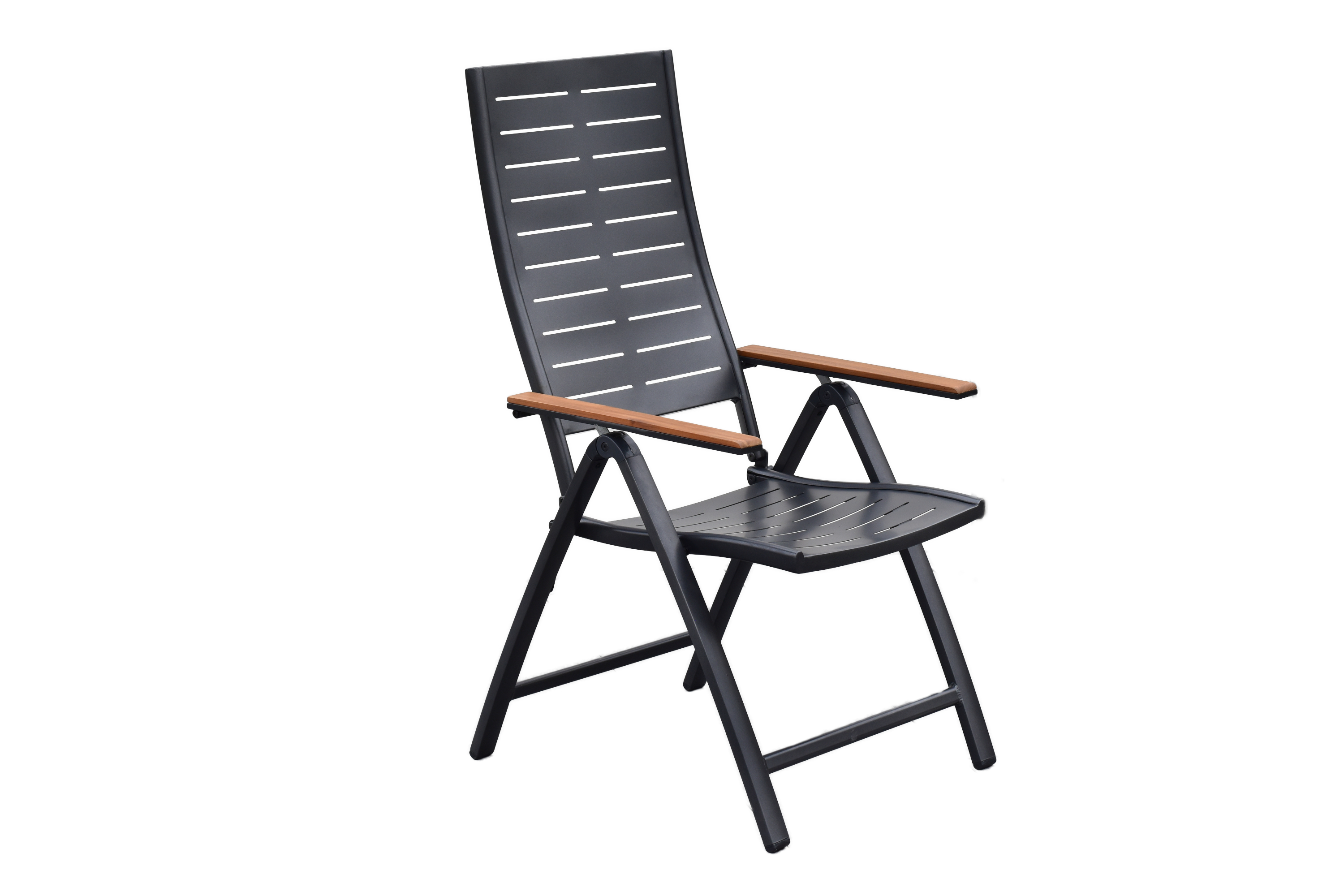 Merxx Tinos Gartenmöbel Set für 6 Personen 13 teilig aus Aluminium und FSC Akazienholz mit Flex Ausziehtisch 180x180 cm 6 verstellbare Klappsessel mit Akazienholz und graue Kissen mit Befestigungsbändchen