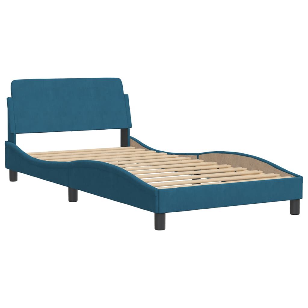 Bettgestell 100x200 cm Blau mit Kopfteil Samtbezug weich bequem gepolstert Bettgestell 100x200 cm Blau mit Kopfteil Samtbezug weich bequem gepolstert