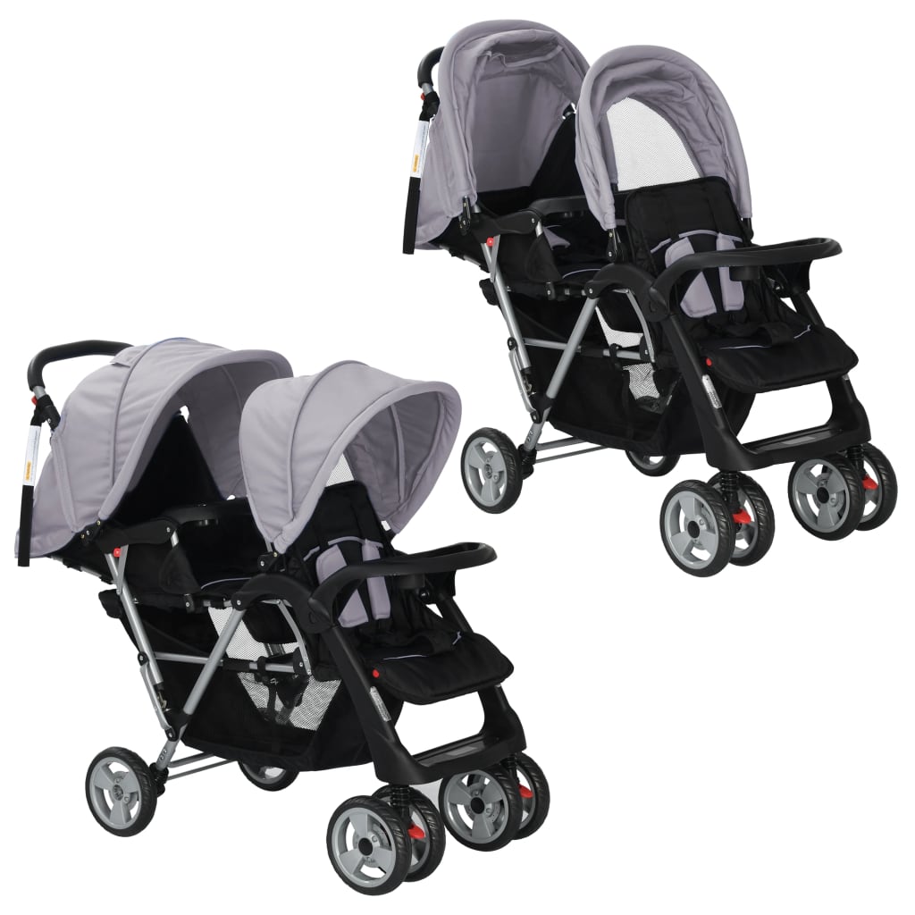 Tandem-Kinderwagen Stahlgrau Schwarz kompakt klappbar für Zwillinge oder Geschwister