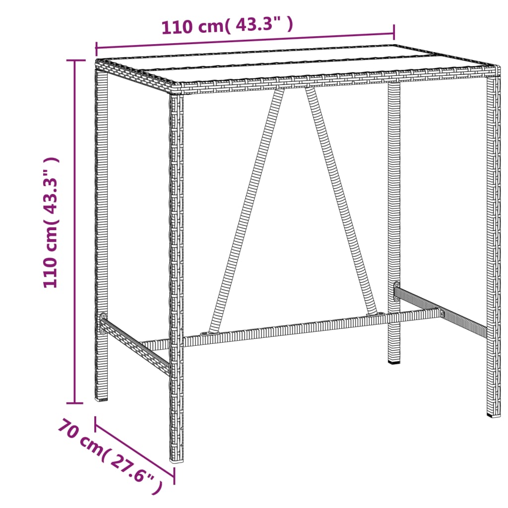 Bartisch Outdoor-Tisch Polyrattan 110x70x110 cm mit Glasplatte 