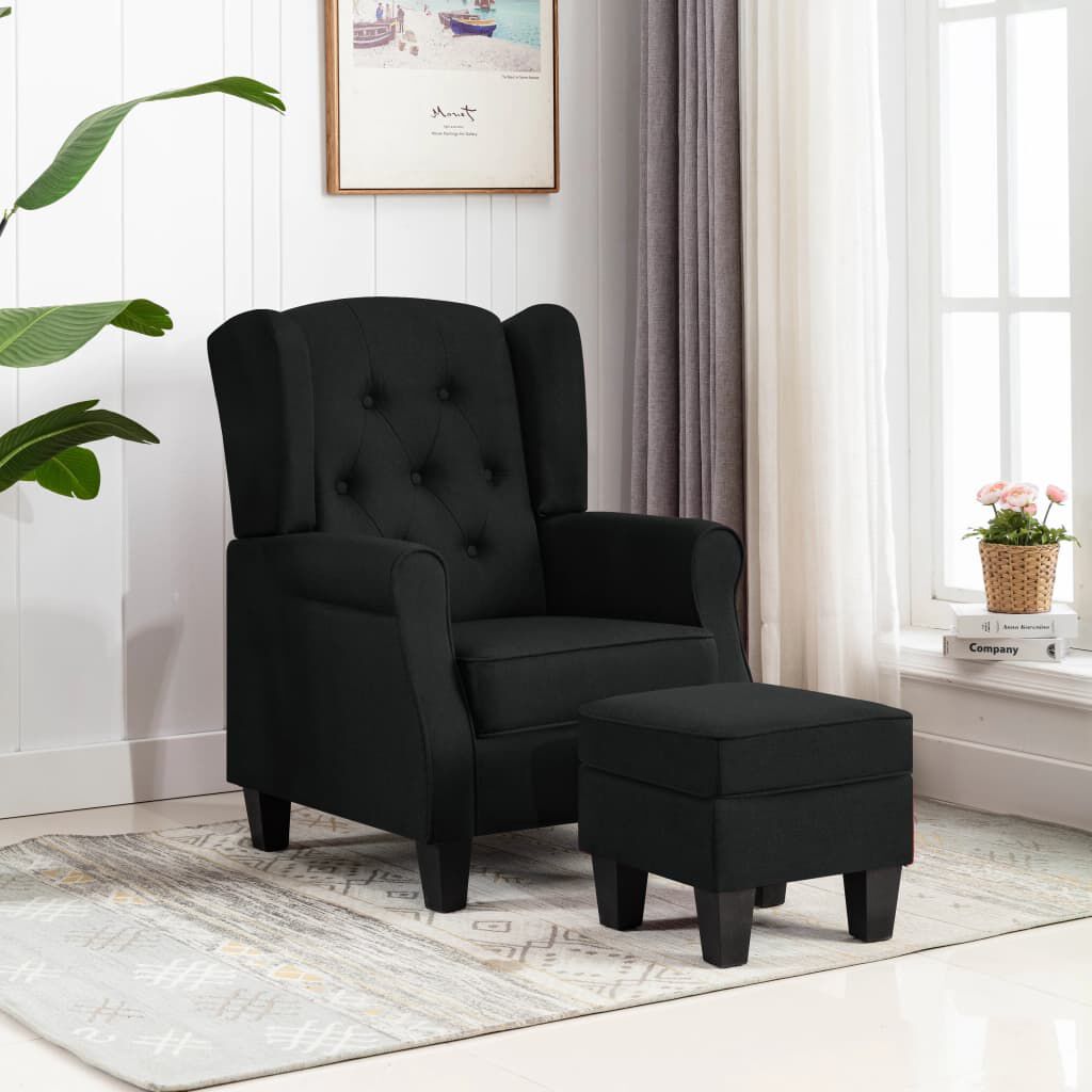 Sessel mit Fußhocker Schwarz Stoff gemütlich modern für Wohn oder Schlafzimmer Sessel mit Fußhocker Schwarz Stoff gemütlich modern für Wohn oder Schlafzimmer