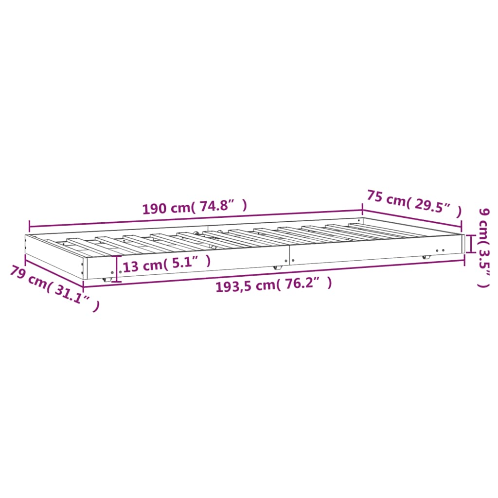 Bettgestell 75 x 190 cm 2FT6 Kleines Einzelbett aus massivem Kiefernholz