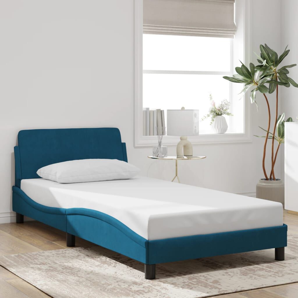 Bettgestell 100x200 cm Blau mit Kopfteil Samtbezug weich bequem gepolstert Bettgestell 100x200 cm Blau mit Kopfteil Samtbezug weich bequem gepolstert