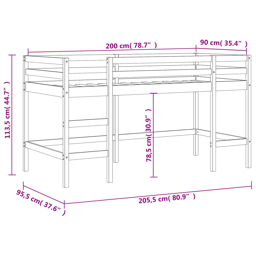 Kinderhochbett mit Leiter Weiß 90x190 cm Massivholz Kiefer robust modern Spielbett