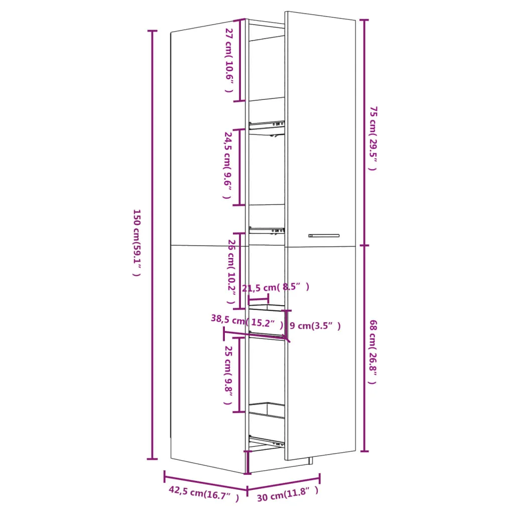 Apothekerschrank Vorratsschrank Küchenschrank Grau 30 x 42,5 x 150 cm