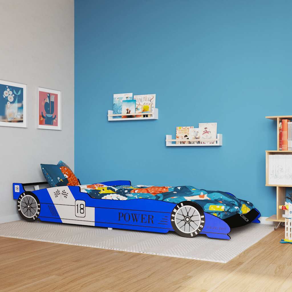 Kinderbett in Blau 90x200 cm im sportlichen Rennwagen Design aus Kunststoff